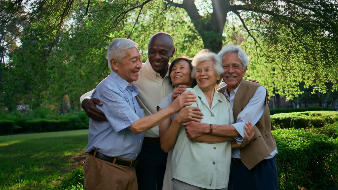 Diverse Group of Happy Senior Friends Embracing in a Park