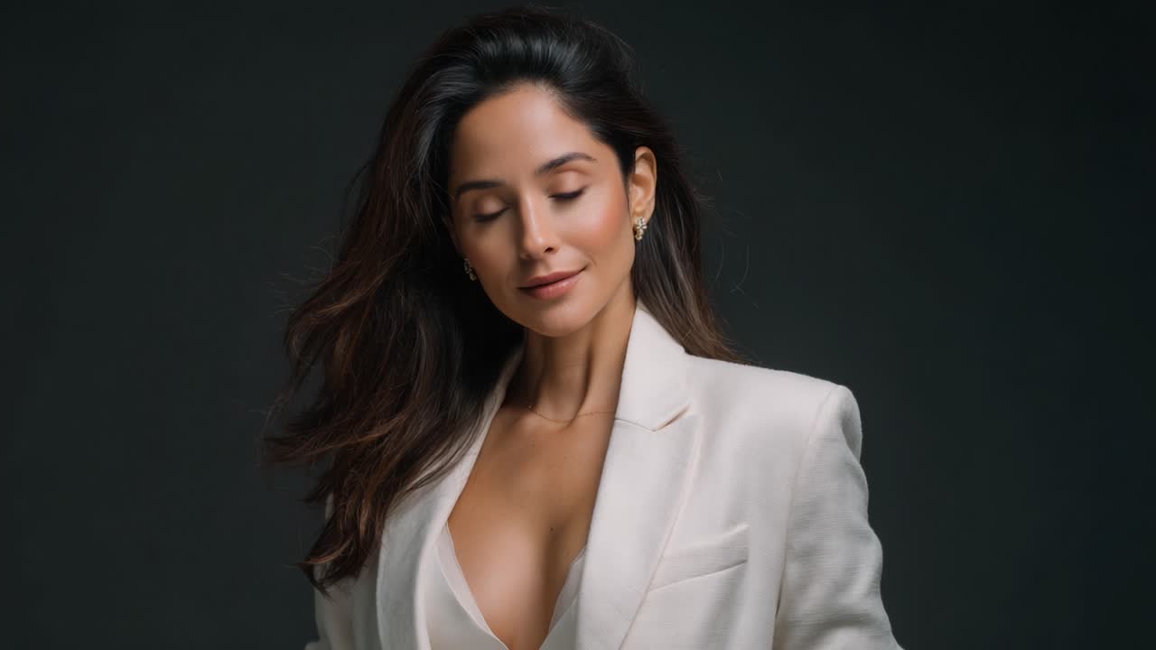 A Professional Portrait of a Confident Individual Wearing an Elegant White Blazer, Exuding Charm and Grace in a Studio Setting