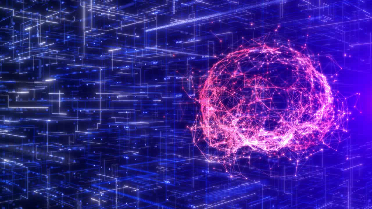 Futuristic AI Brain with Rotating Neural Network and Glowing Data Streams