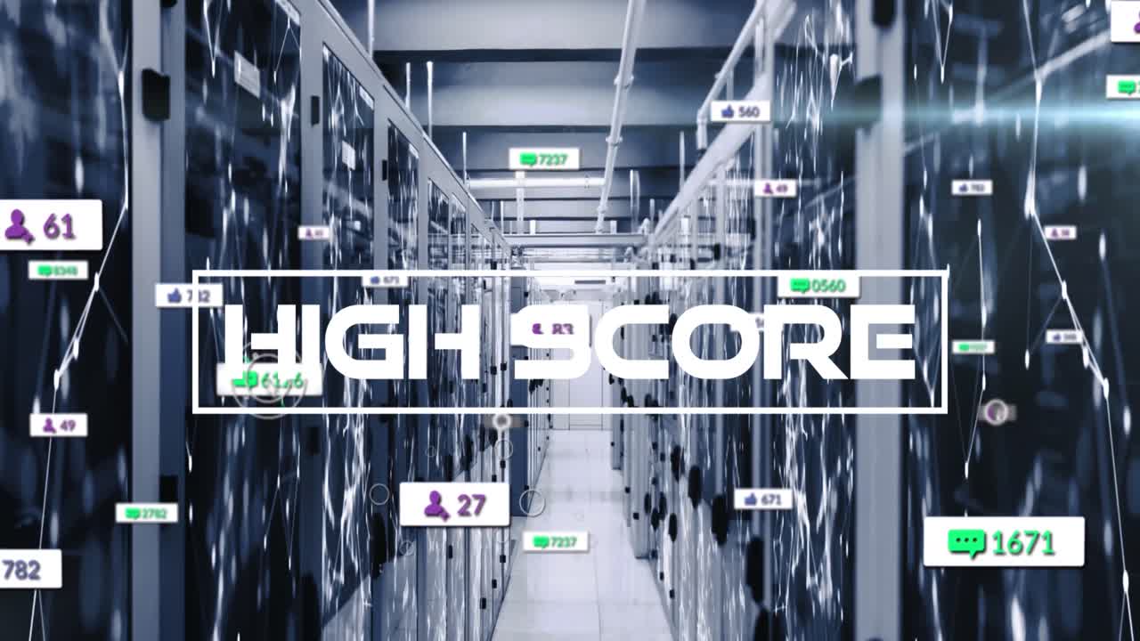 animación de texto de alta puntuación y números que crecen en la sala del servidor