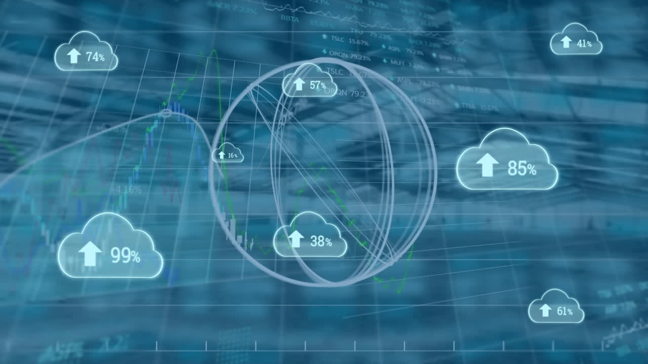 animación de nubes con un número creciente y procesamiento de datos financieros en una oficina vacía