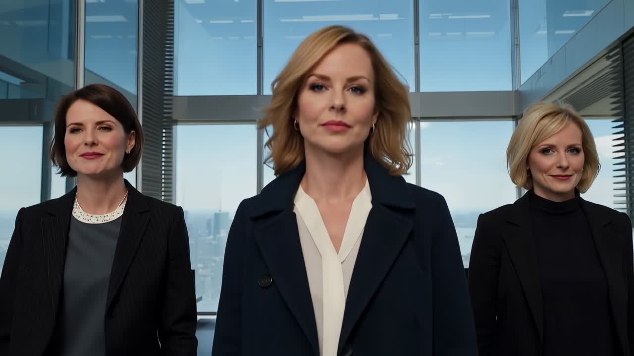 Walking center woman leading trio wearing suits toward camera in glass skyline office, handbag