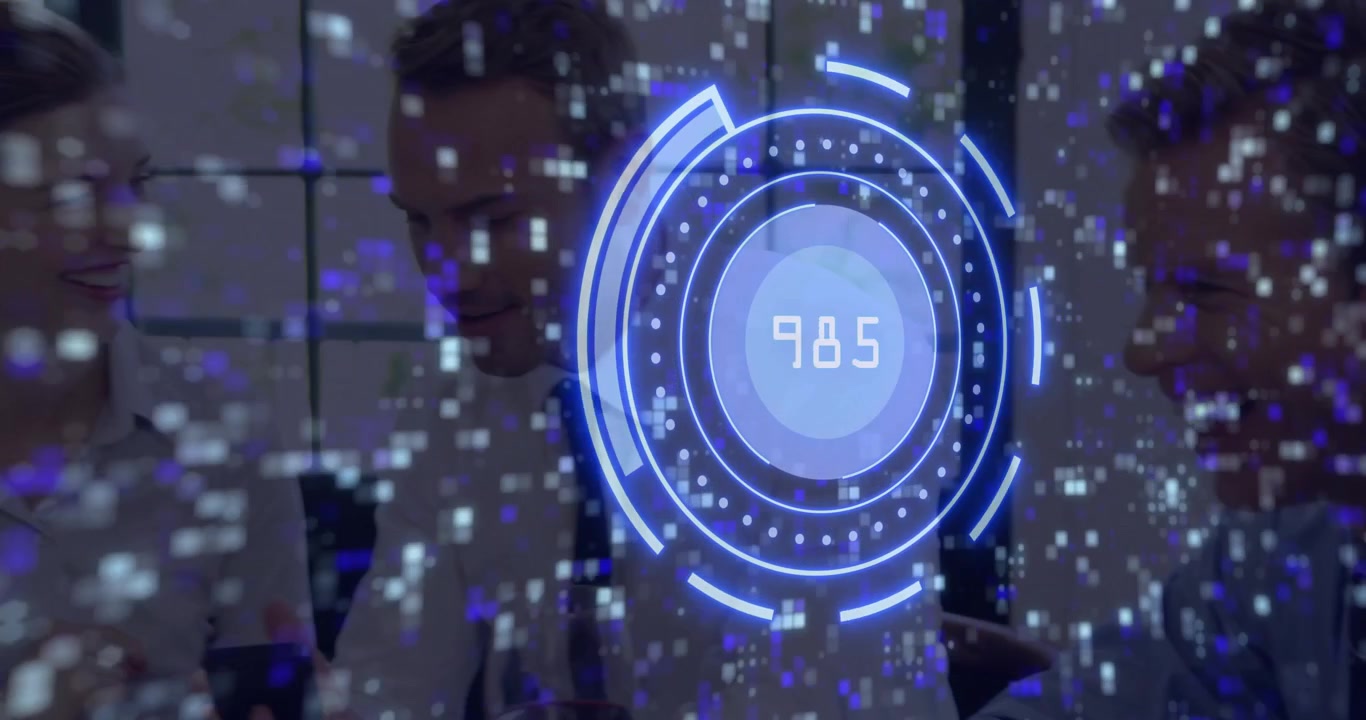 Business Professionals with Futuristic Digital Data and HUD Overlay