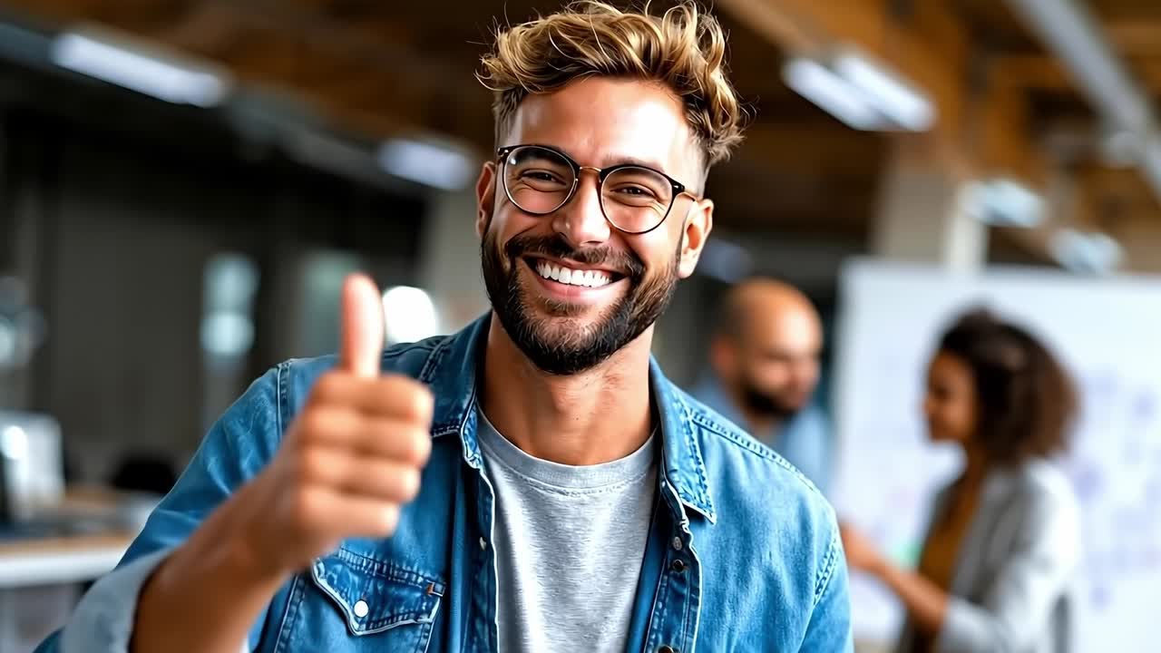 A man wearing glasses and a denim jacket waving his hand