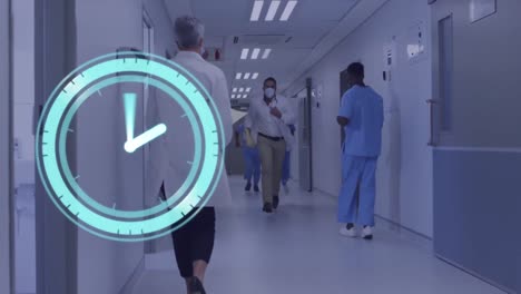 animation of clock moving over caucasian doctor with face mask running