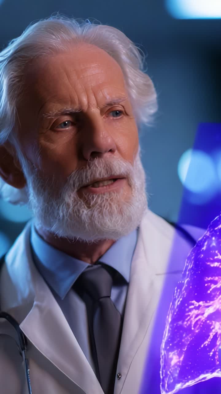En erfaren læge analyserer avanceret teknologi i et laboratorium og fremviser en hologramrepræsentation af et menneskeligt organ i fokus