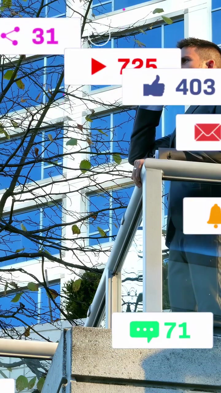 Video verticale: Uomo che parla al telefono sul ponte, la chiamata genera avvisi social su di lui che mostrano coinvolgimento.