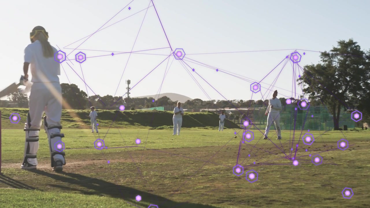 Woman batter defending wicket as bowler delivering ball, purple overlay tracking motion for sports