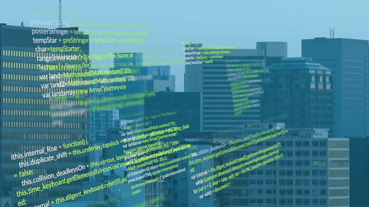 Computer code animation over cityscape with modern buildings