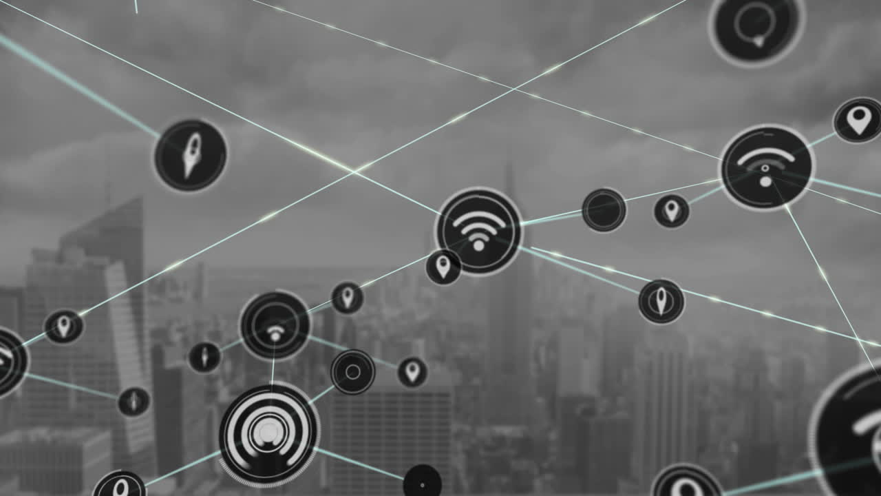 animación de una red de iconos digitales frente a una vista aérea del paisaje urbano