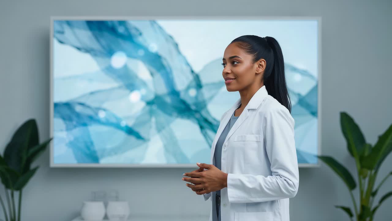 Listening clinician in lab-coat tilting head hearing voice from blue screen in clinic, copy space