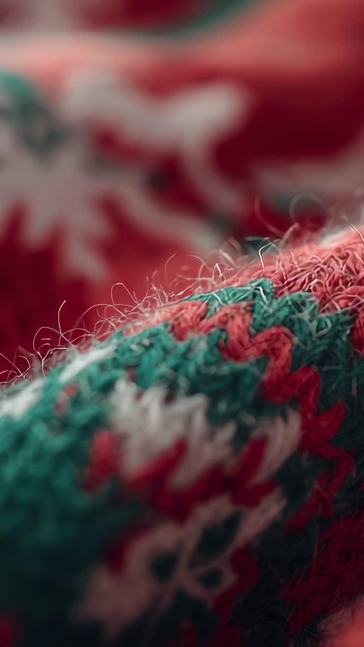 Vertical video: Shifting lens capturing waving knit holiday sweater closeup, showcasing yarn fibers