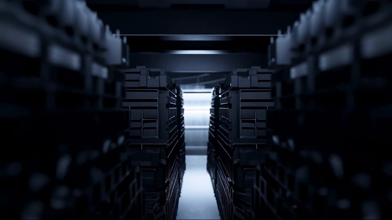 Un corridoio stretto e illuminato si estende tra file di rack di server in un data center buio, creando una vista simmetrica con un'illuminazione blu fredda e una luce brillante