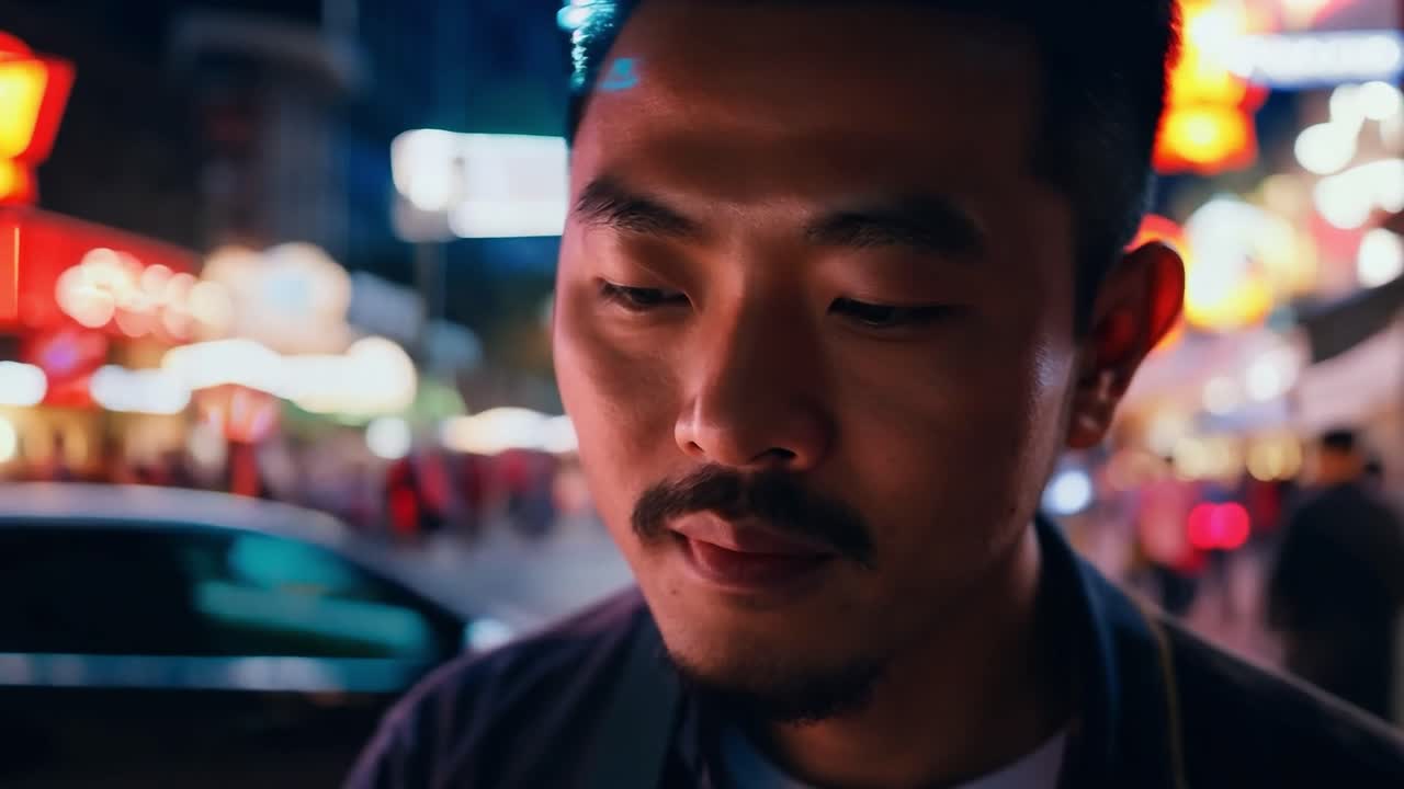 밤에 도시 거리에서 서 있는 남자의 초상화