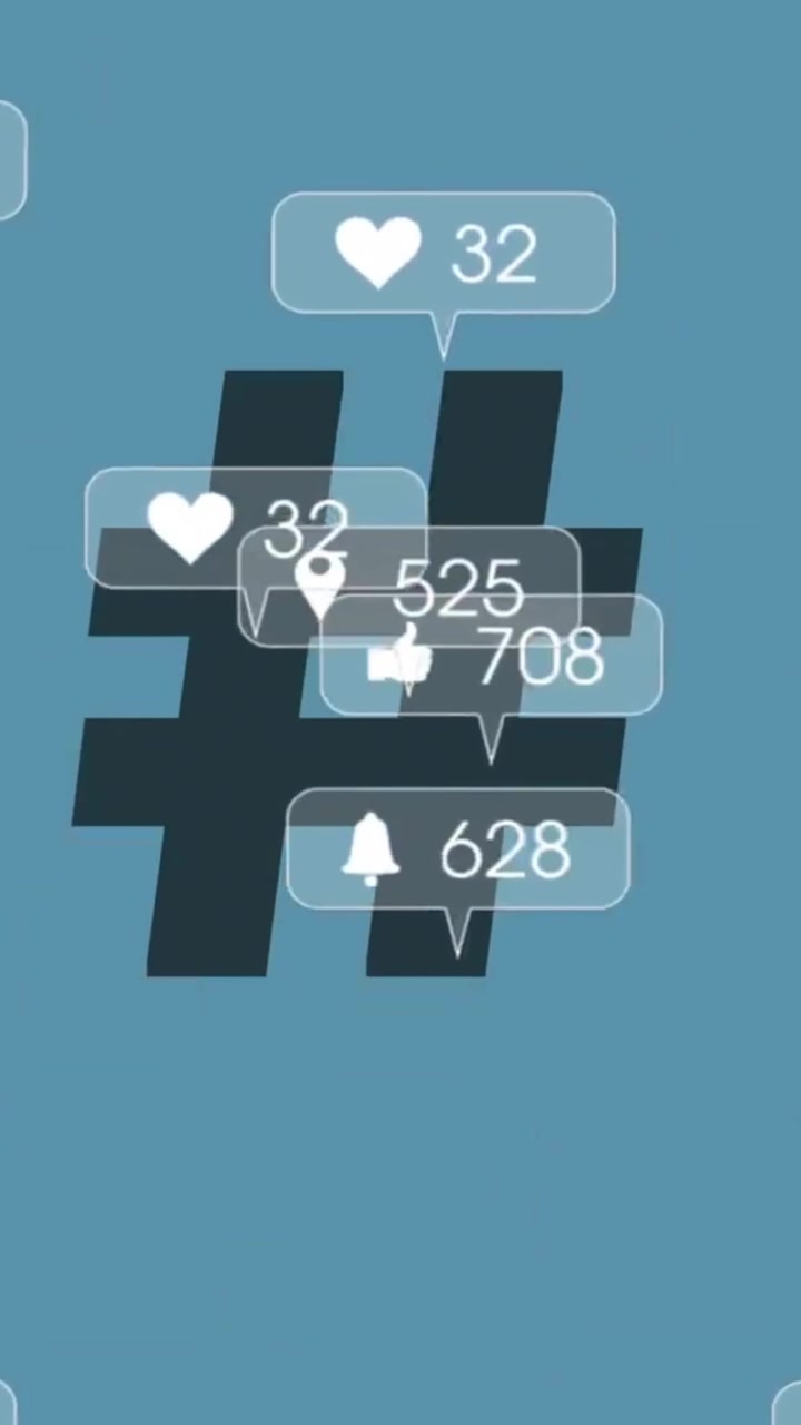Animazione di elaborazione dati dei social media sopra un hashtag su sfondo blu