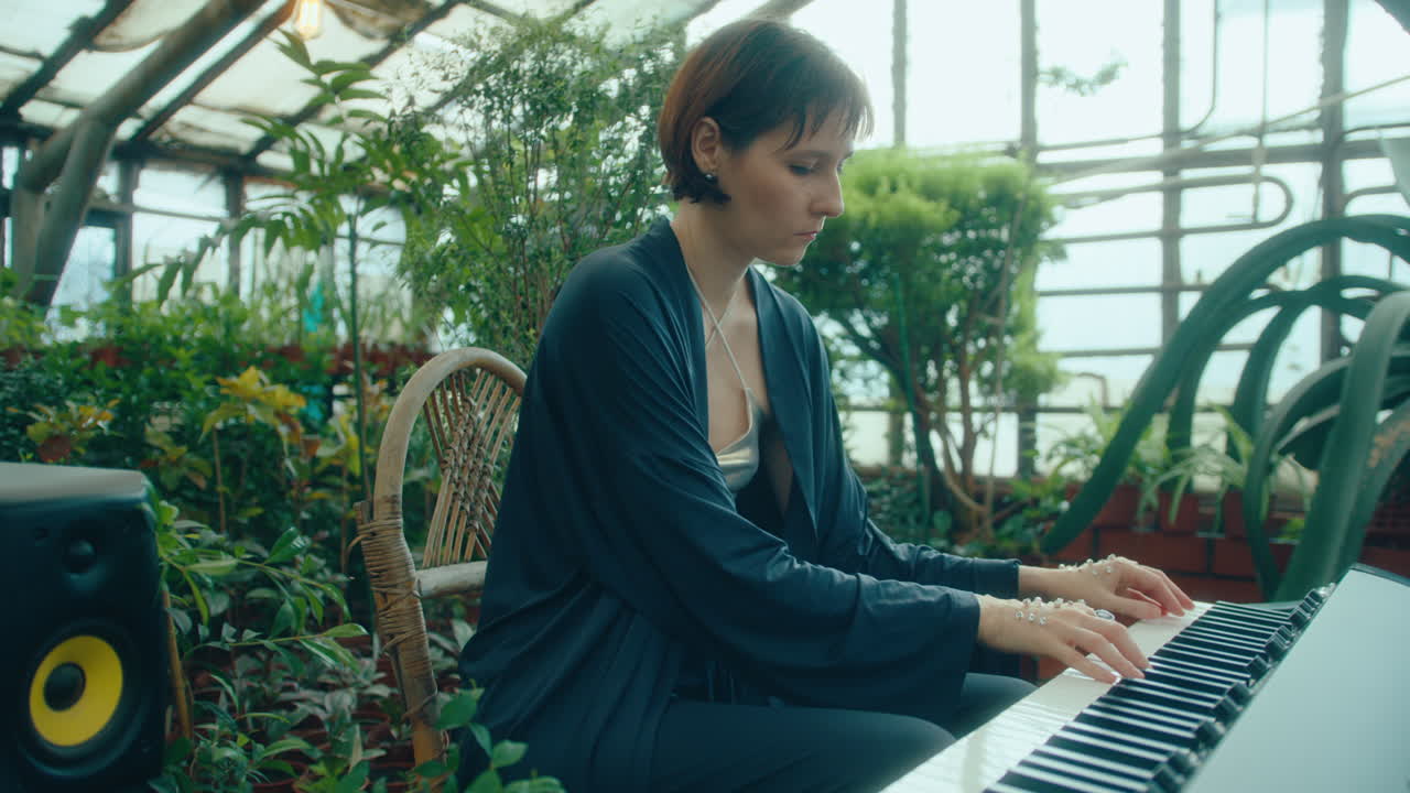 Woman Playing Keyboard during Solo Performance in Indoor Garden