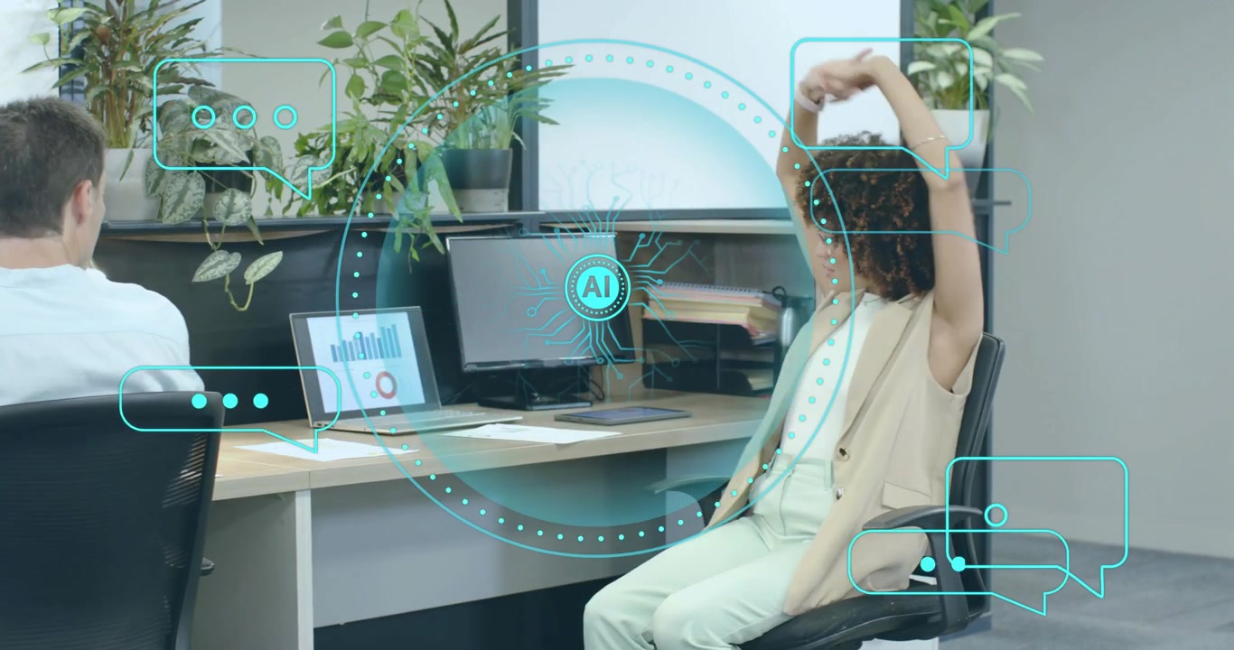 Female coworker stretching back after typing on laptop relieving tension while AI analytics pulsing