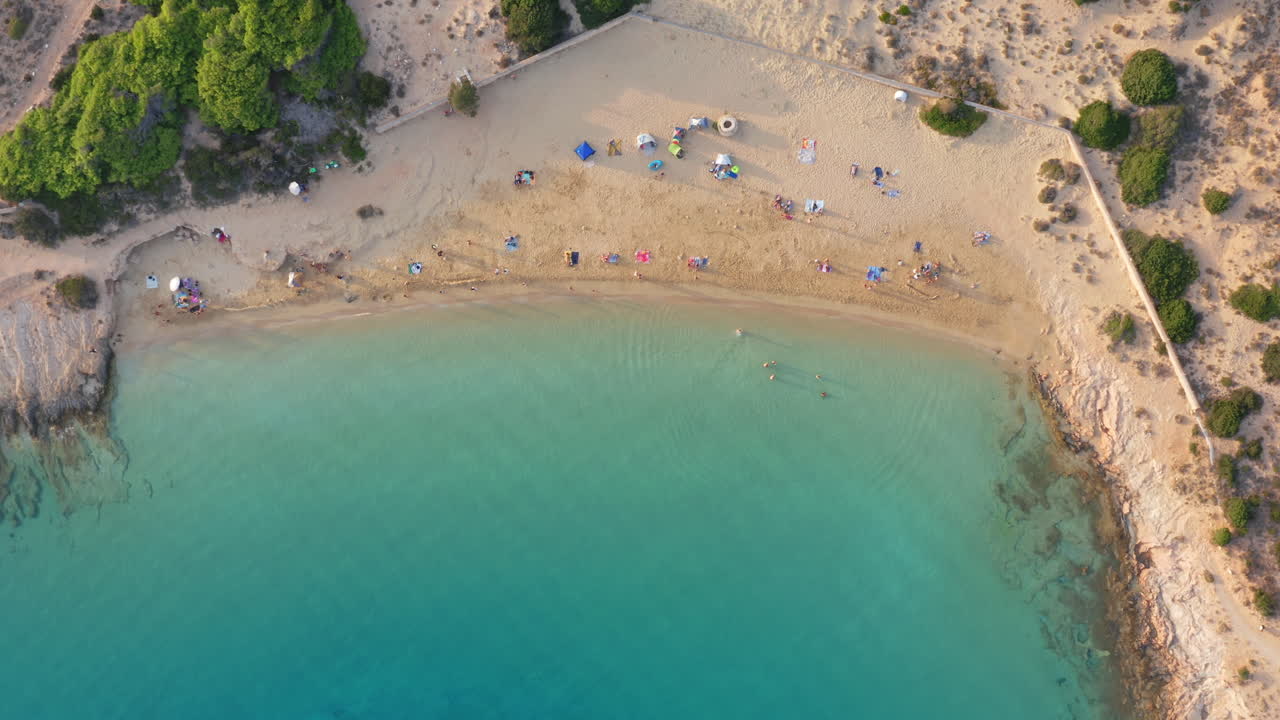 Top down drone shot of Italida beach in Koufonisia island, Cyclades islands, Greece during summer