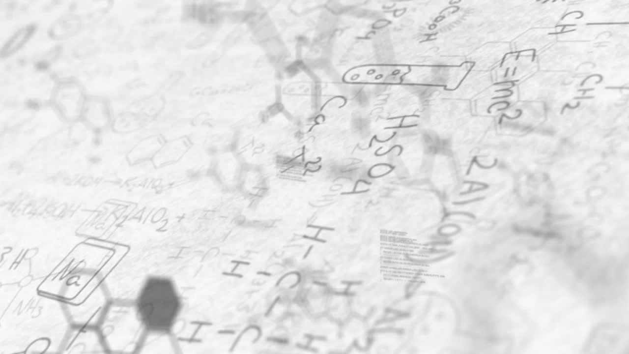 Animazione digitale di elaborazione dati su uno sfondo di strutture e formule chimiche, su sfondo bianco.
