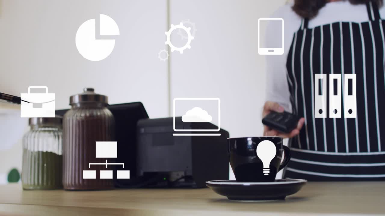 Customer and barista aligning phone with reader, overlaid icons showing tap payment to buy coffee