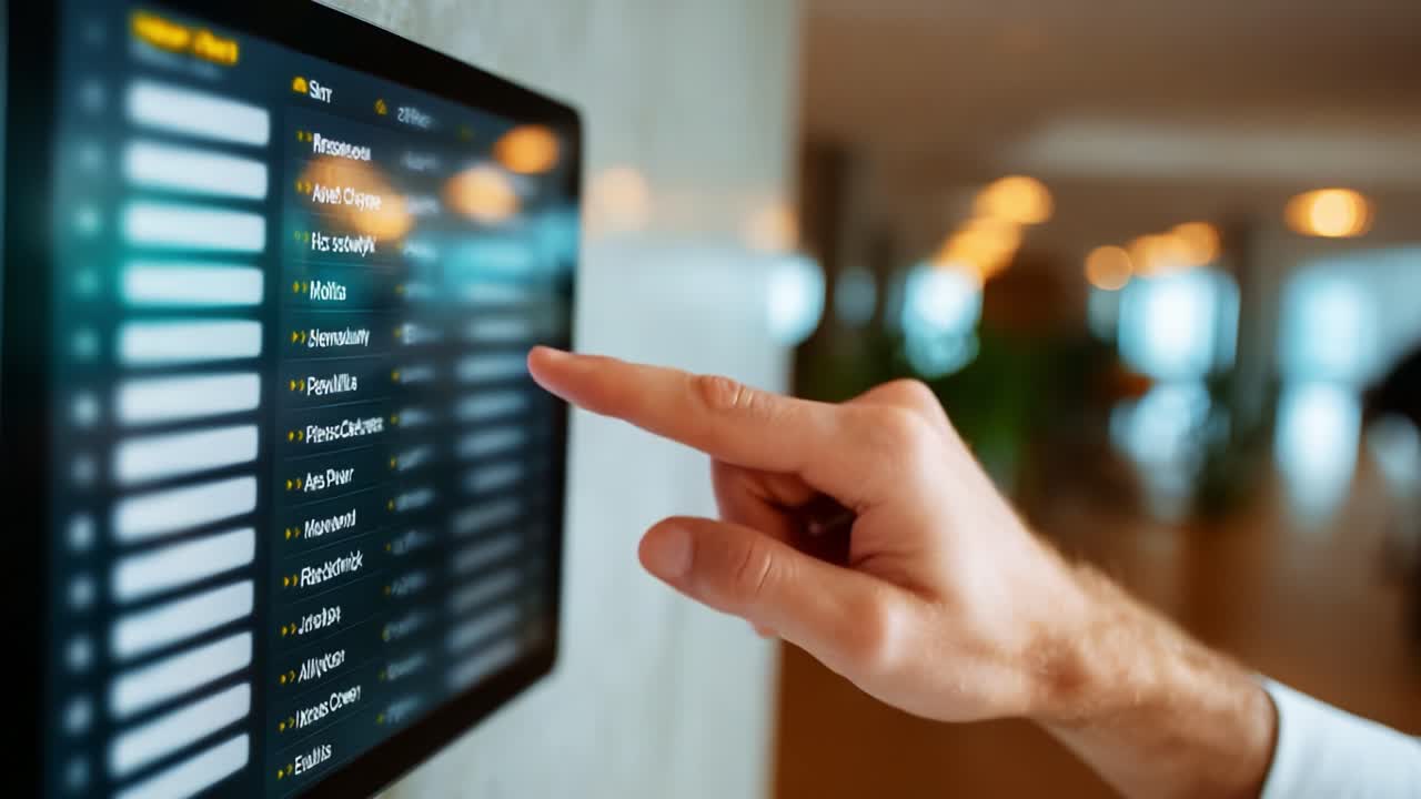 A close-up shot of a person's hand interacting with a digital display screen, showcasing various options, possibly indicating a selection process in a modern indoor environment