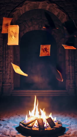 burning tarot cards in a medieval setting