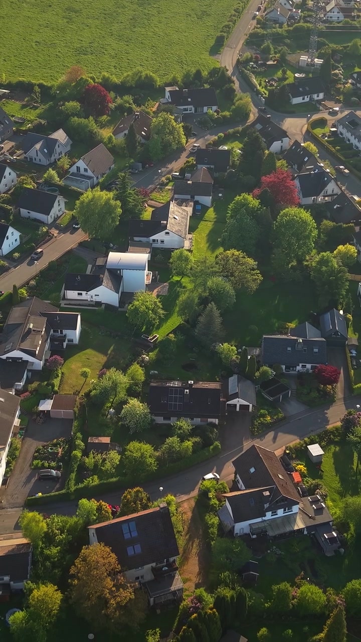Vista aerea di un tranquillo quartiere residenziale con giardini verdi