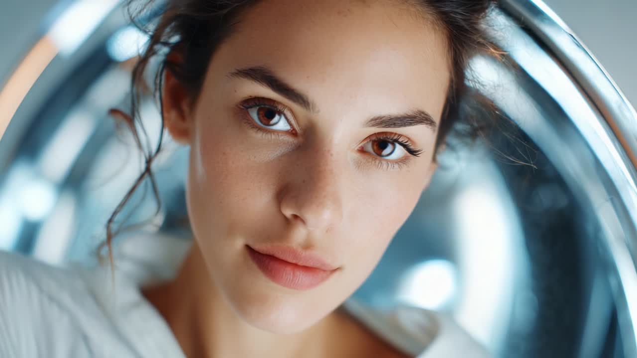 A close-up portrait of a young woman with natural beauty, showcasing her youthful complexion, expressive eyes, and soft features, captured in a serene setting with a calming, light background
