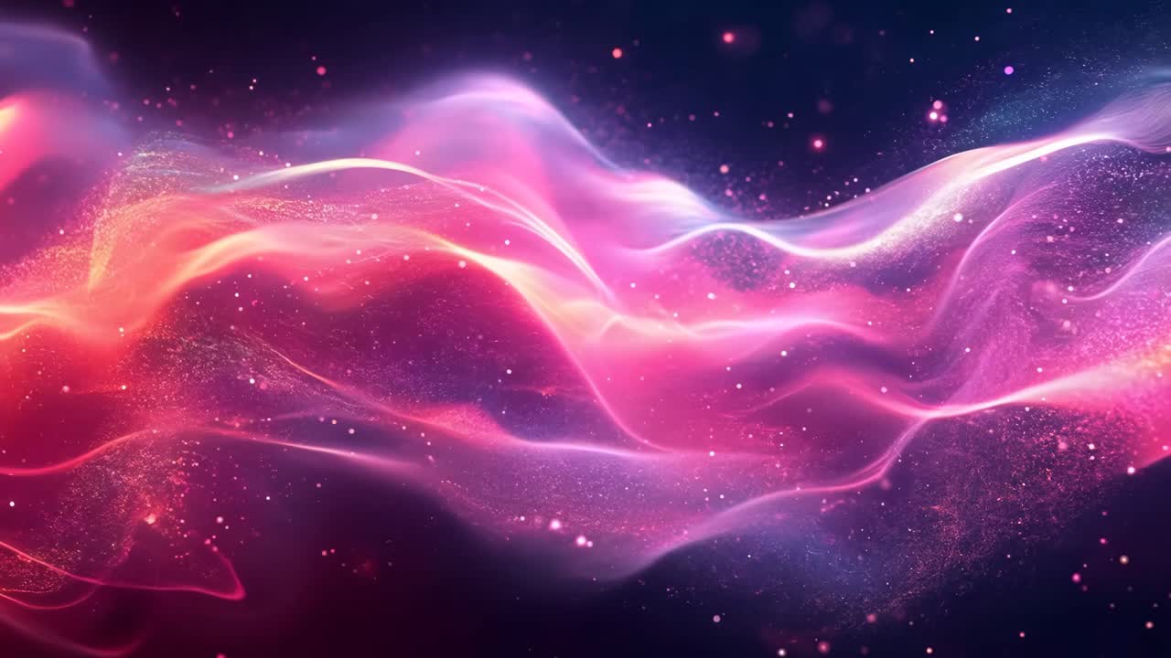 A long, flowing pink and orange wave of light with a lot of stars in the background. The colors are vibrant and the stars are scattered throughout the image