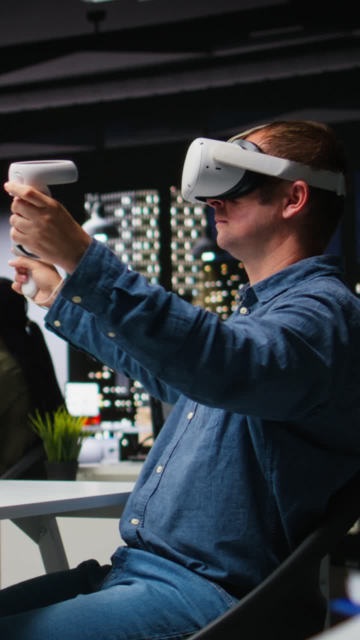Vertical Video Male engineer using VR headset and AI on interior design software
