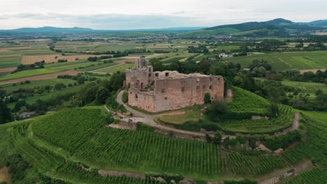 Winding-road-leads-to-old-ruin-on-a-hill-surrounded-by-agricultural-fields,-drone-aerial-panorama