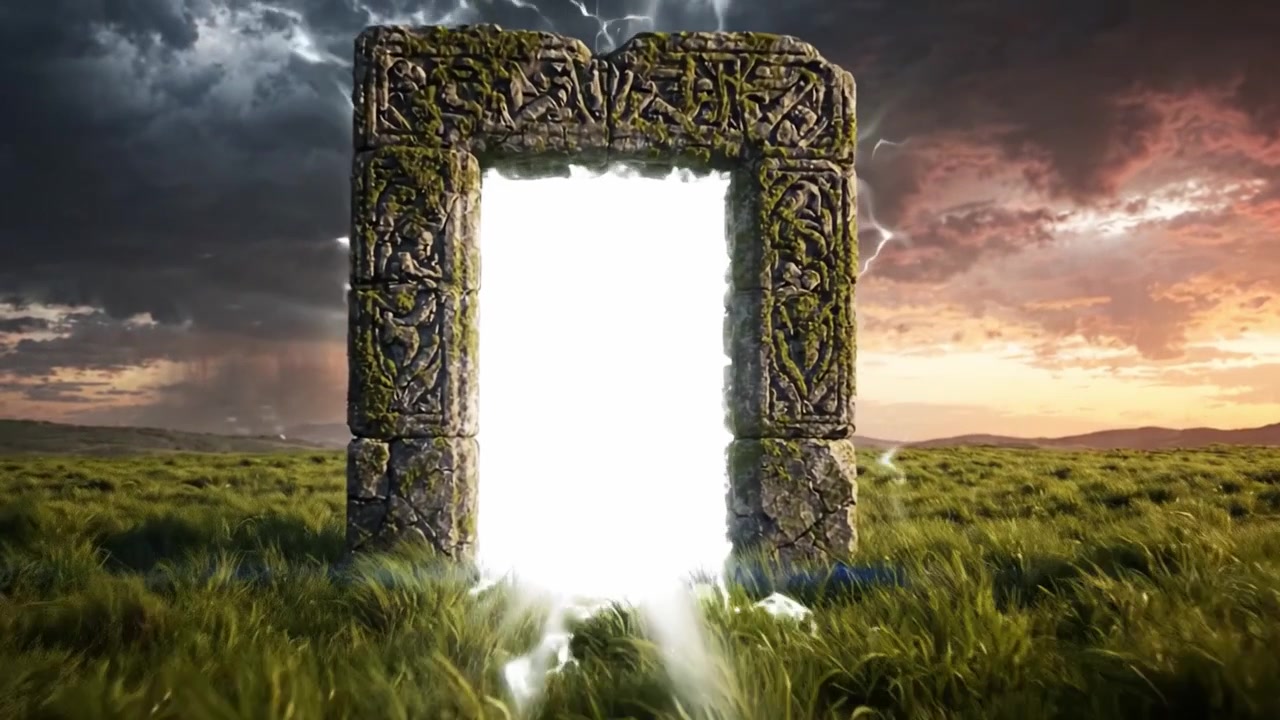 Mysterious Portal in a Lush Green Field Under Dramatic Skies: A Journey Into the Unknown Awaits Beyond the Ancient Stone Frame