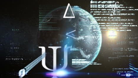 símbolos matemáticos y procesamiento de datos contra el globo giratorio