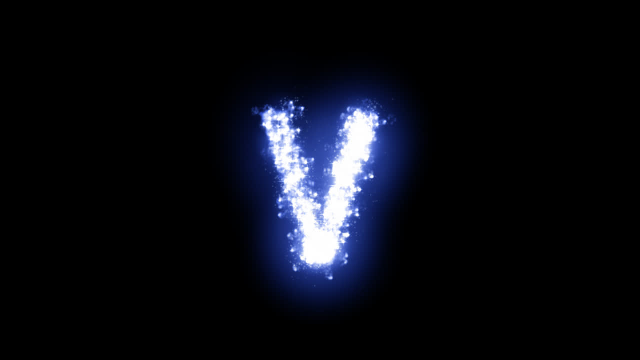 Lettera V luminosa con stelle scintillanti su sfondo trasparente