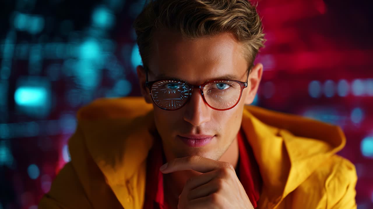 A focused young man with glasses wearing a yellow jacket poses with a thoughtful expression, showcasing a modern, tech-inspired background of vibrant colors