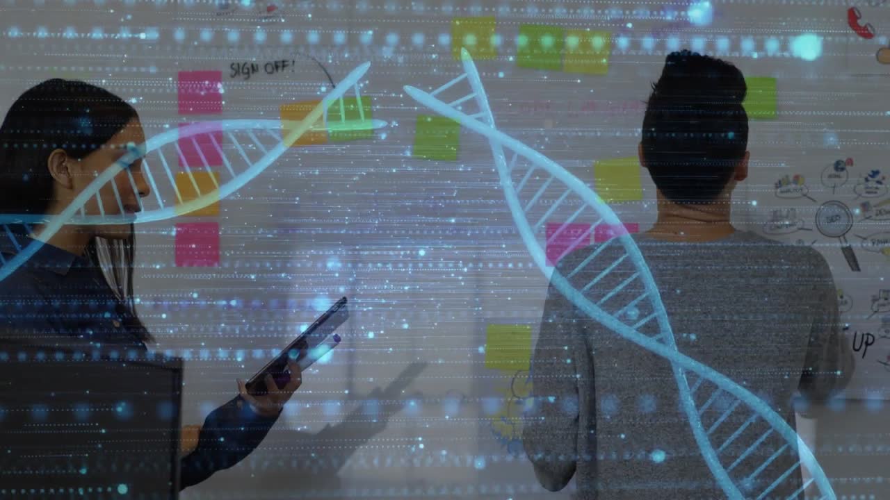 Two women tapping tablet and sorting notes, editing chart for bio plan with DNA overlay drifting