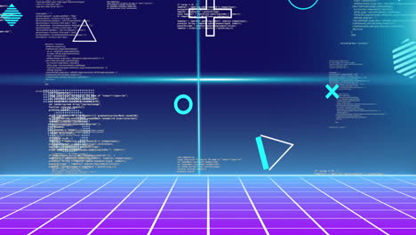 animation of rotating shapes and blue scanner beams over data processing on grid and blue background