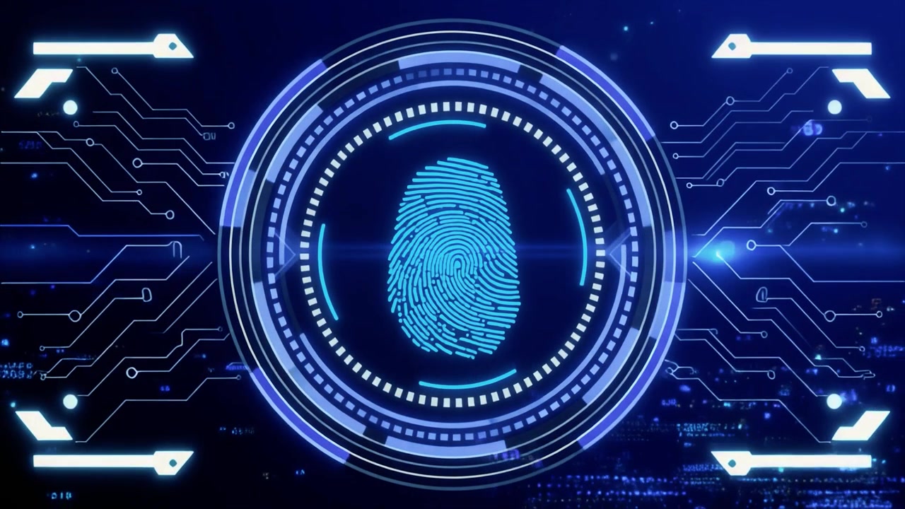 Digital Fingerprint Scanning Interface on Blue Background