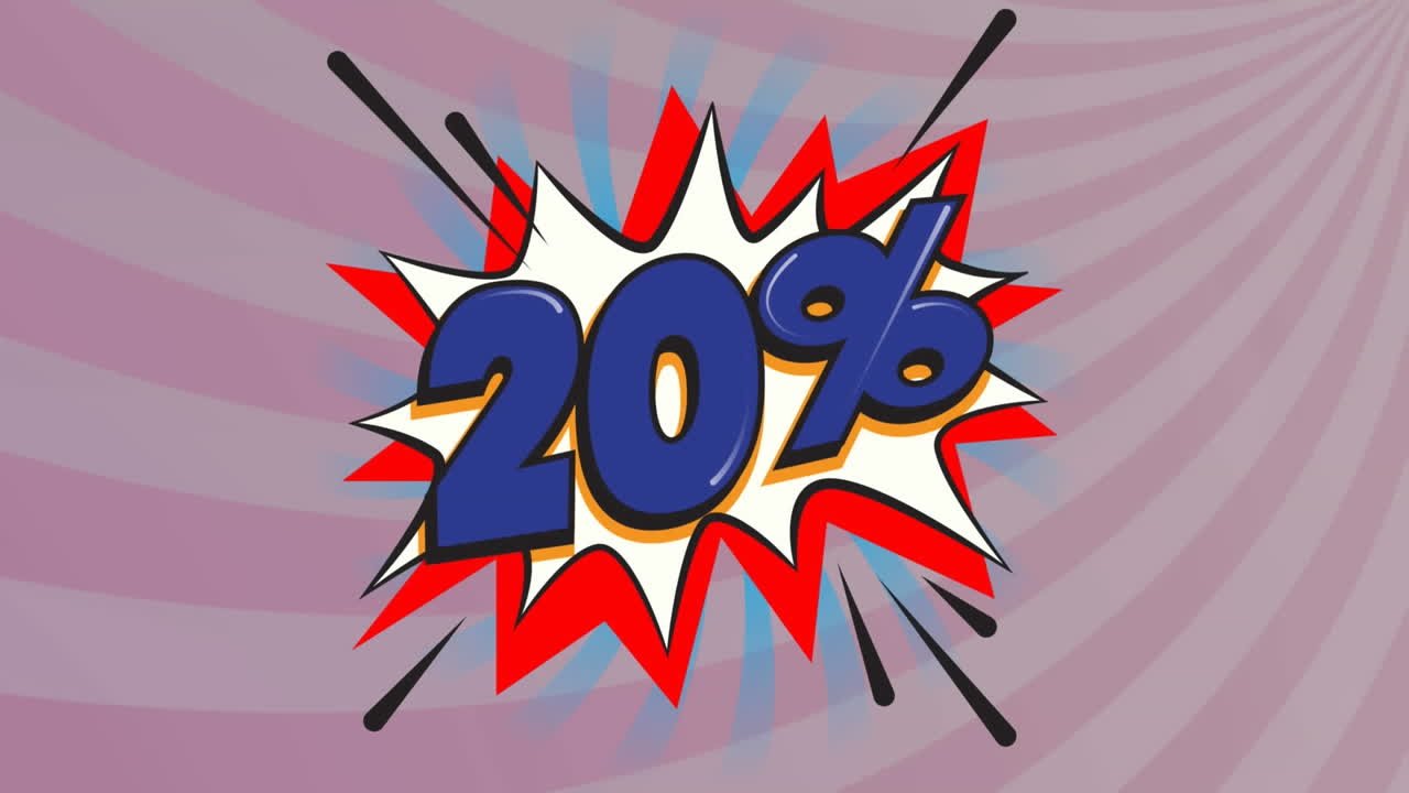 animación del texto azul 20 por ciento, en la nube de explosión sobre rayas rosadas y blancas radiantes