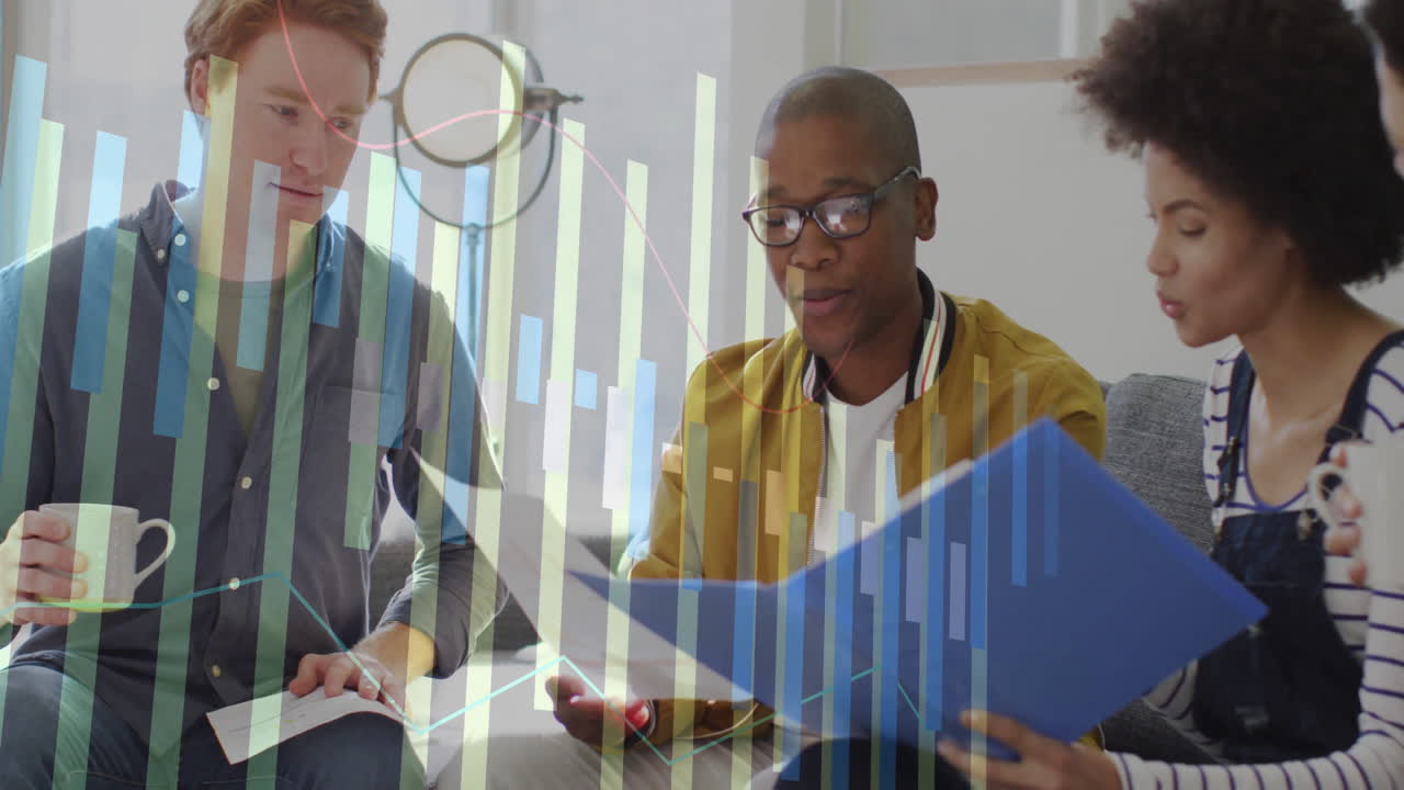 Diverse group discussing documents with financial data processing animation overlay