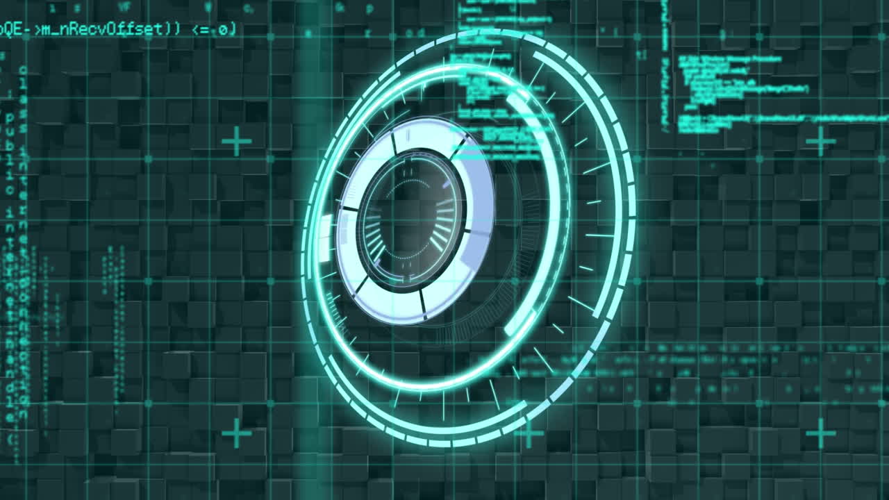 Digital animation of neon round scanner against data processing on textured black background