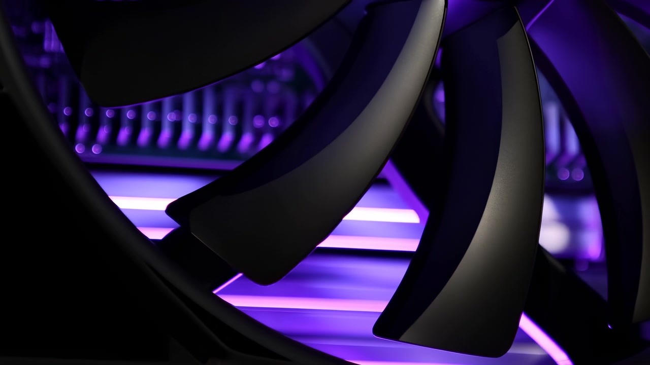 Primo piano di forme curve nere lucide in primo piano, con barre luminose viola incandescenti e uno sfondo futuristico sfocato che crea un drammatico contrasto elevato