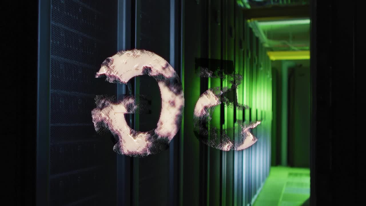 Glowing numbers animation over server racks in data center