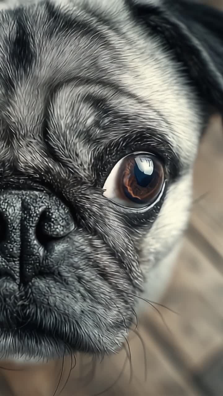 Imagens em close-up capturando os olhos expressivos de um Pug, exibindo pelos detalhados, características faciais únicas e expressões cativantes em dois quadros distintos.