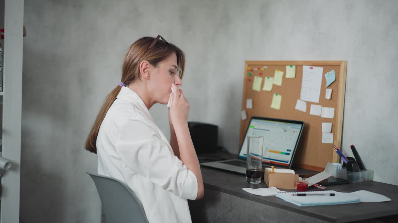 Rear view of woman in white shirt folding tissue paper to clean mouth after meal while seated at organized desk with laptop, drink, and sticky notes on cork board during work break in home office