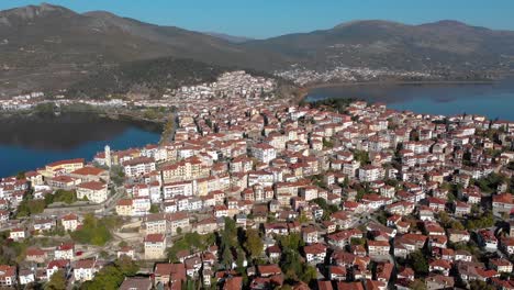 Kastoria-Greece,-Aerial-Dolly-Shot-in-Town-Mainland-at-Dawn,-4K-Footage