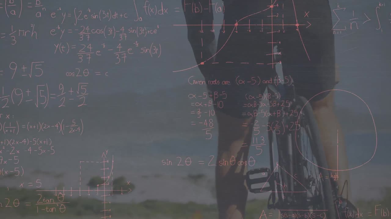 백인 남자가 자전거를 타고 있는 수학 방정식의 애니메이션