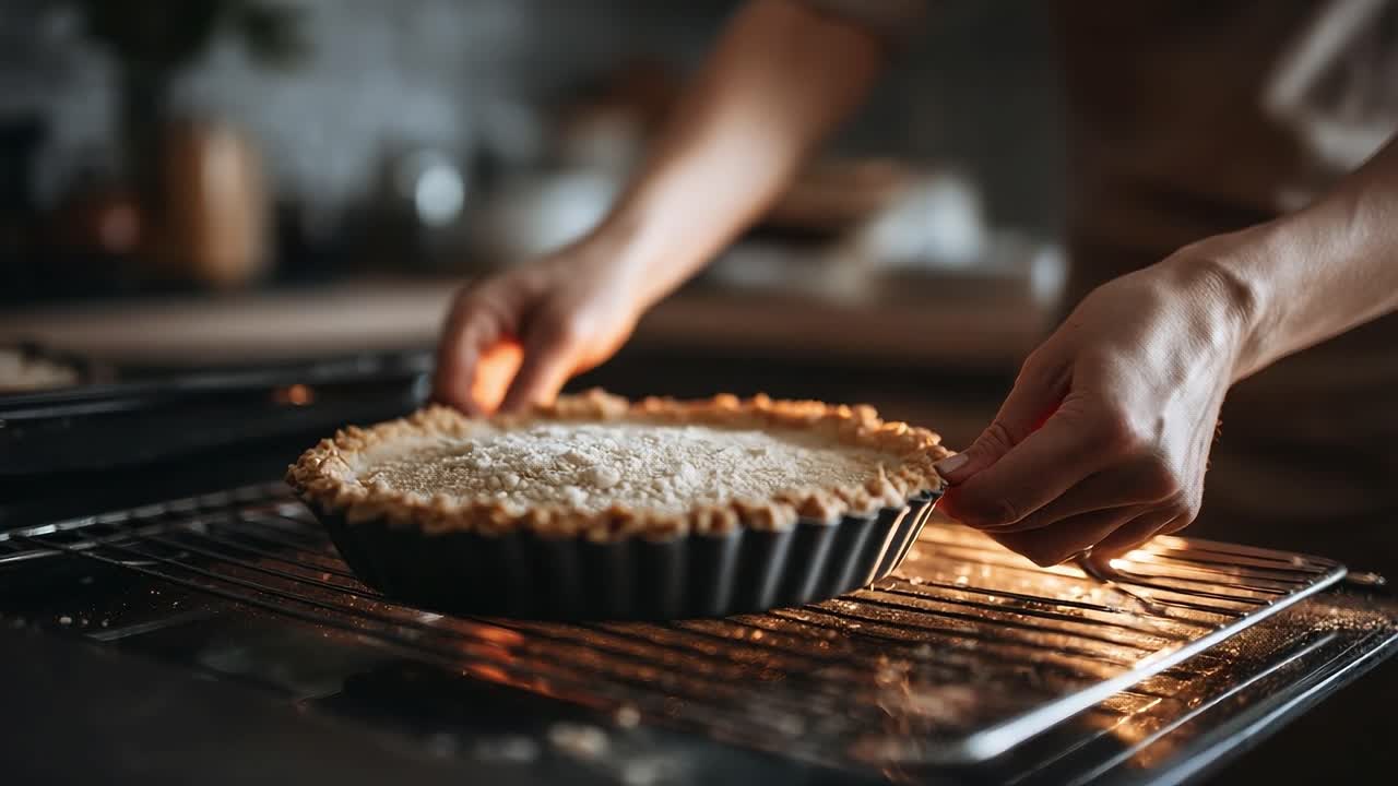 A Warm Holiday Scene Featuring a Baker Carefully Pulling a Deliciously Golden Pie from the Oven, Highlighting the Artistry of Homemade Baking in a Cozy Kitchen Environment