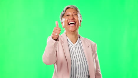 business woman, portrait and thumbs up on green