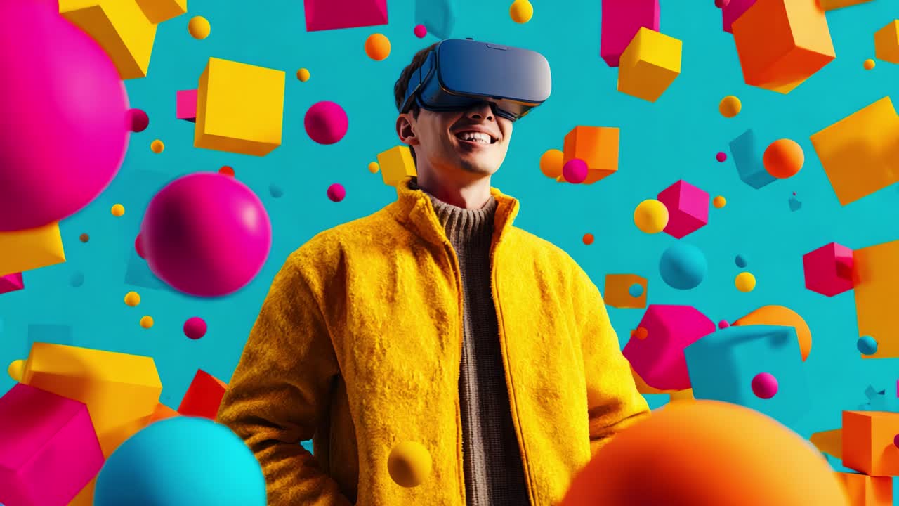 A vibrant virtual reality experience showcasing a young man immersed in a colorful digital world filled with geometric shapes and playful design elements that evoke excitement and creativity